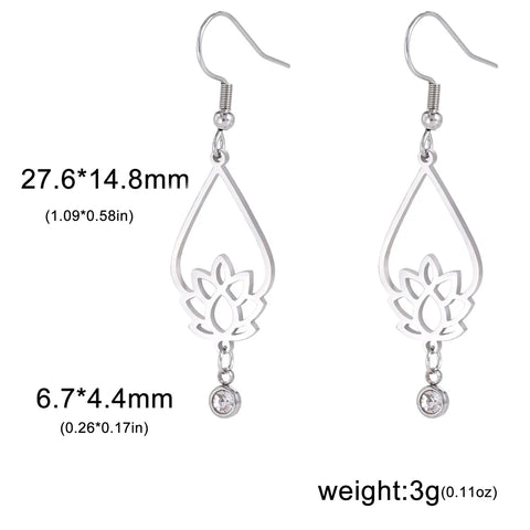 Skyrim Lotus Flower Rhinestone Dangle Earrings - Gold Stainless Steel Bohemian Jewelry for Women