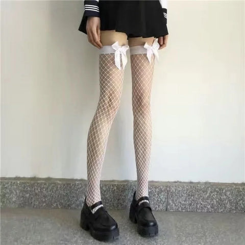 White Puresire Fishnet Stockings with Pink Bow Tie – Elegant Knee-High Large Mesh Women's Stockings