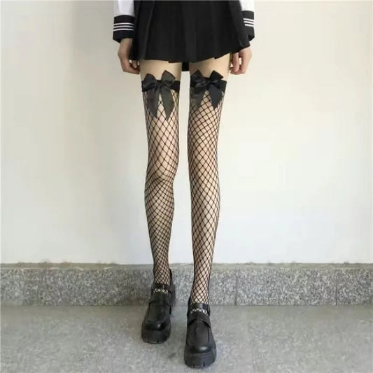 White Puresire Fishnet Stockings with Pink Bow Tie – Elegant Knee-High Large Mesh Women's Stockings