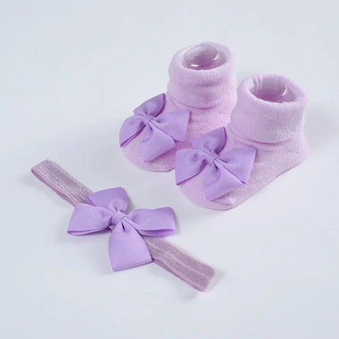 Knitted Cotton Baby Girl Socks with Headband