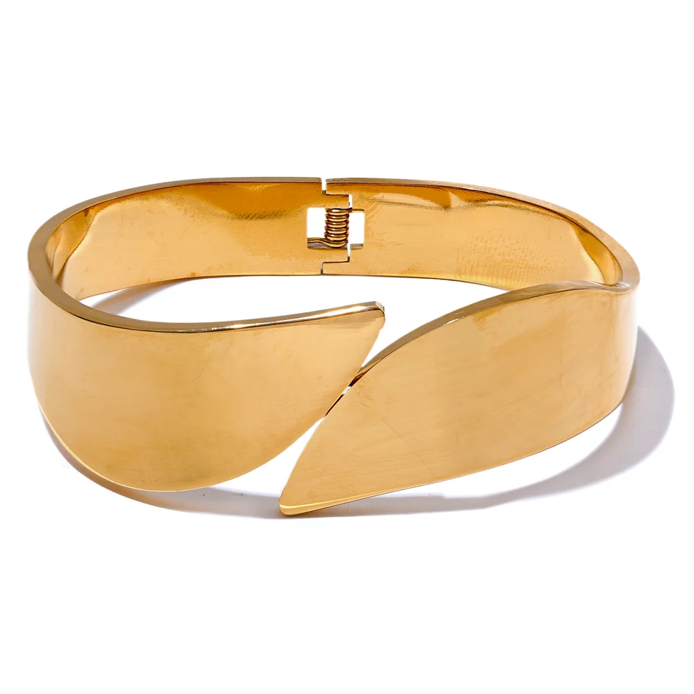 Yhpup Glossy Stainless Steel Wide Geometric Bracelet Bangle - 18K Gold PVD Plated Waterproof Jewelry