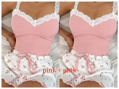 Dames 2-delige roze kanten pyjamaset