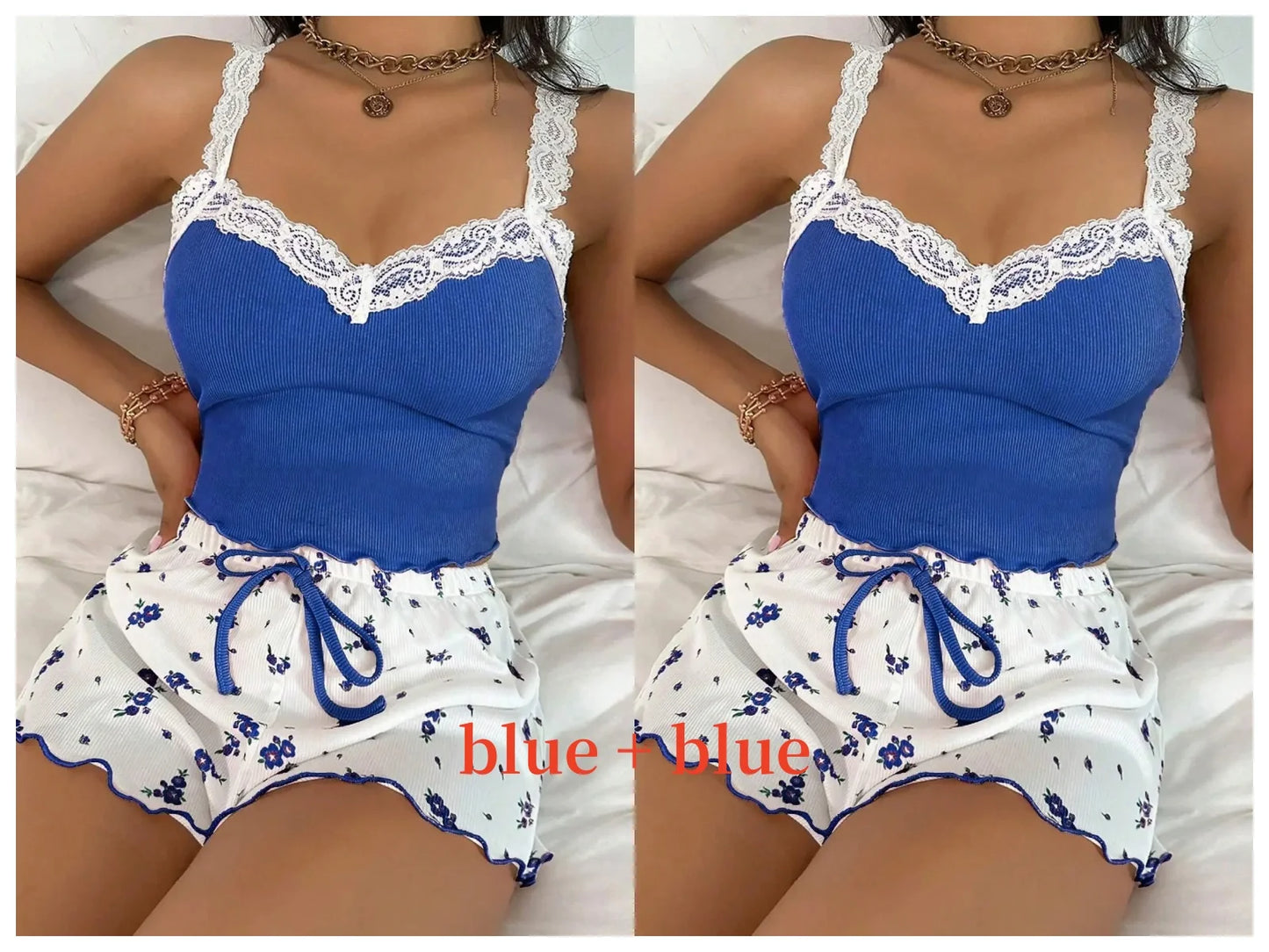 Women 2psc Pink Lace Pajama Set