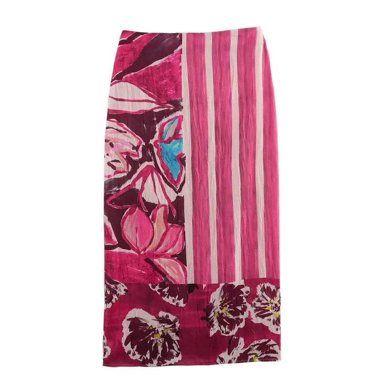 MUJER Print Satin Long Skirts for Women - High Waist Midi Skirt