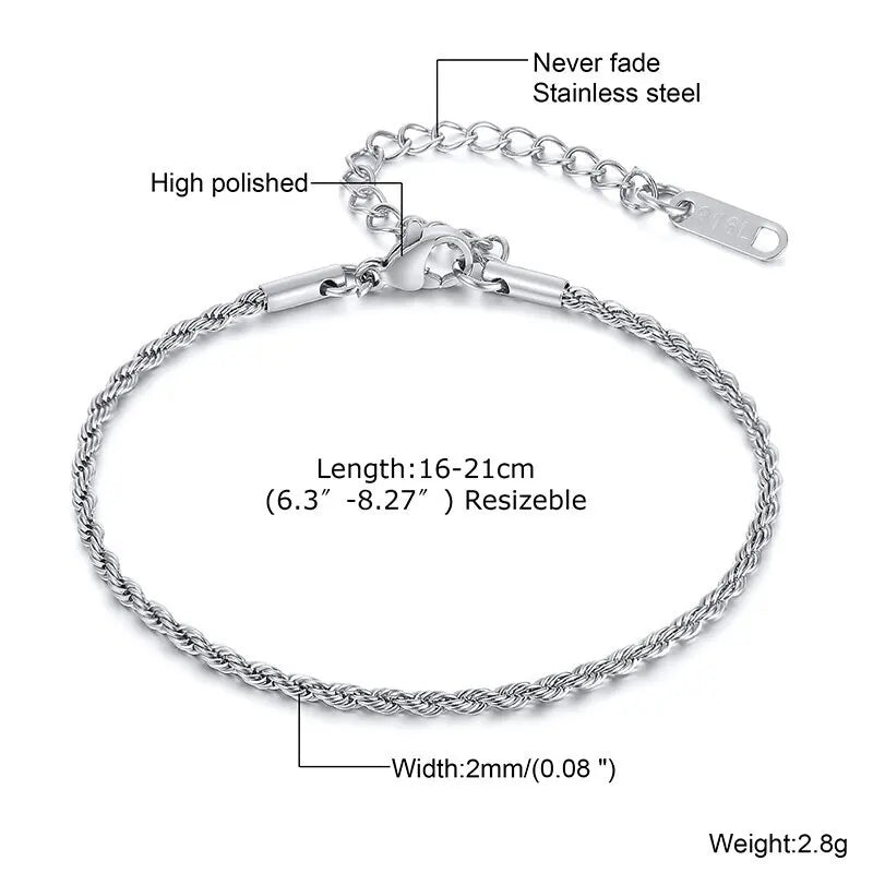2-5MM Stainless Steel Rope Bracelets for Men Boys - Adjustable Gold Silver Links Wristband, Rock Punk Cool Jewelry Gift