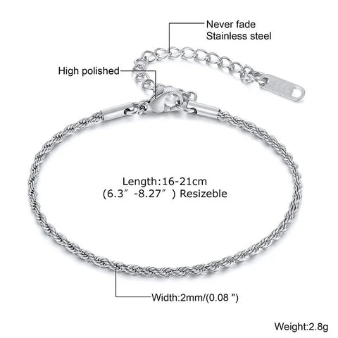 2-5MM Stainless Steel Rope Bracelets for Men Boys - Adjustable Gold Silver Links Wristband, Rock Punk Cool Jewelry Gift