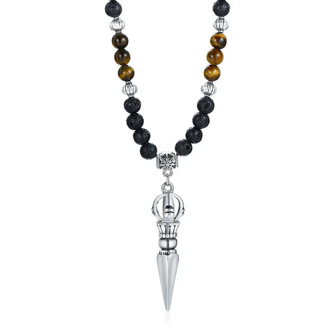 Tibetan Buddhist Phurba Kilaya Magic Dagger with Tiger’s Eye Lava Stone Necklace for Men
