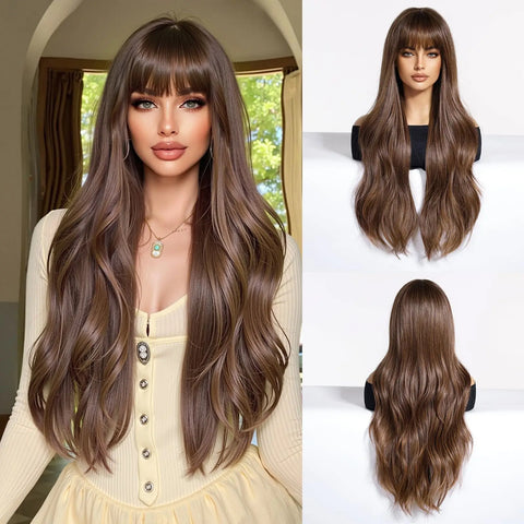 EASIHAIR Long Wavy Brown Synthetic Wig for Women with Side Bangs - Natural Look, Heat Resistant for Daily Wear