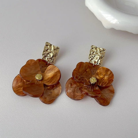 2025 Trendy Metal C-shaped Acrylic Flower Pendant Earrings for Women - Vintage Coffee Petal Jewelry