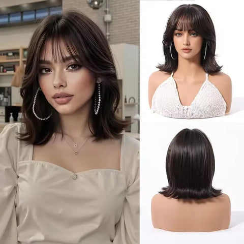 Light Brown Blonde Synthetic Wigs with Bangs - Short Bob for Daily Use, Cosplay, and Halloween | Heat Resistant