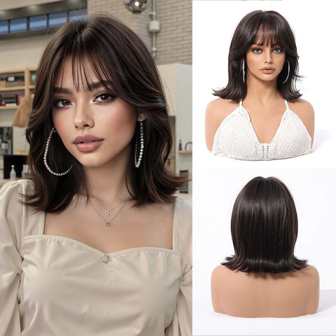EASIHAIR Ombre Brown Blonde Wigs with Bangs - Layered Heat Resistant Synthetic Wig for Women