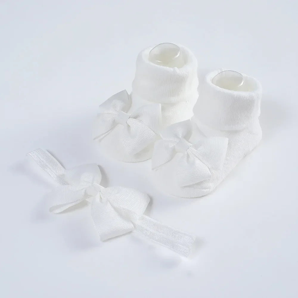 Knitted Cotton Baby Girl Socks with Headband