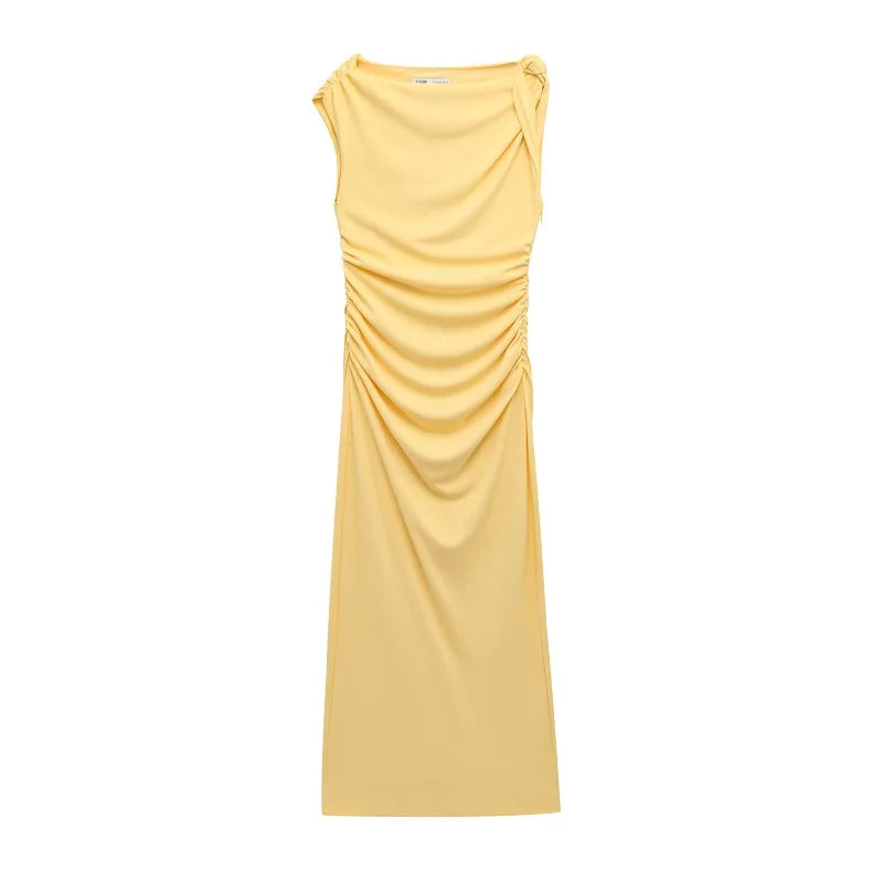 MUJER Yellow Draped Long Dresses for Women