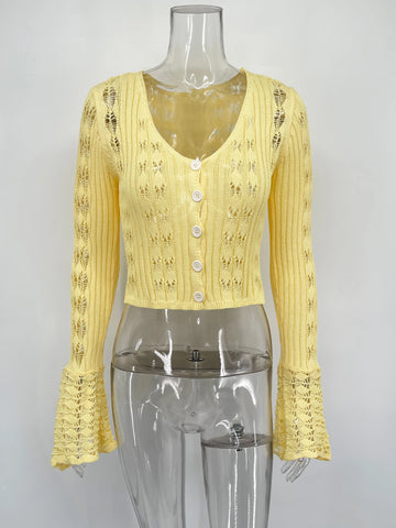TARUXY Hol gebreide cardigan - Dames effen lange mouwen V-hals korte trui top