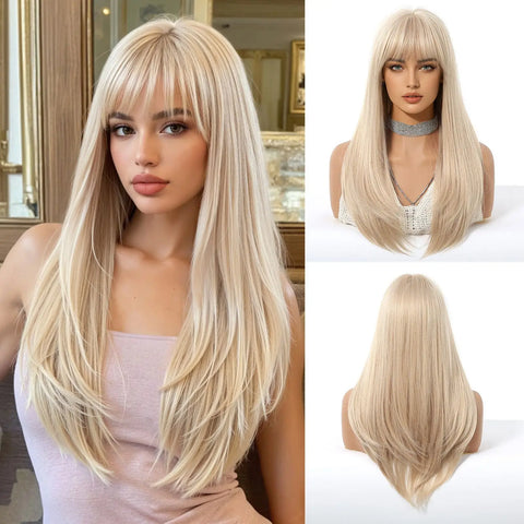 Blonde Golden Synthetic Wigs Long Straight Hair Natural Wig for Women Middle Part Wigs Cosplay Party Heat Resistant Fake Hair