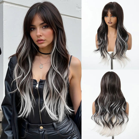 EASIHAIR Long Wavy Brown Synthetic Wig for Women with Side Bangs - Natural Look, Heat Resistant for Daily Wear