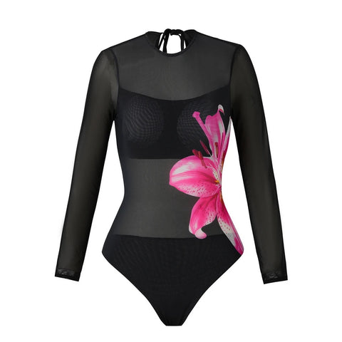 10 kleuren mesh retro badmode bodysuit met lange mouwen - effen sexy hoog uitgesneden monokini voor vrouwen 2025