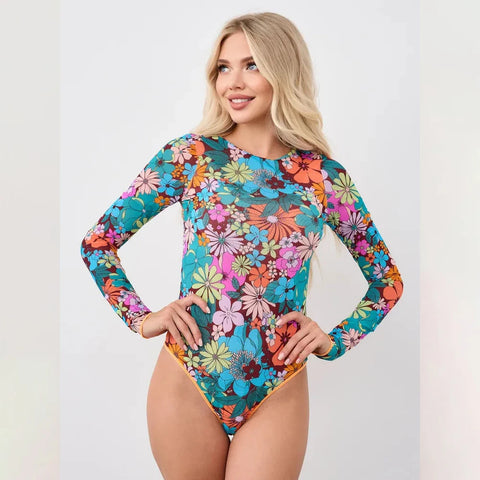 10 kleuren mesh retro badmode bodysuit met lange mouwen - effen sexy hoog uitgesneden monokini voor vrouwen 2025