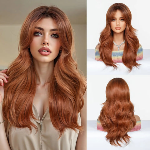 EASIHAIR Long Wavy Brown Synthetic Wig for Women with Side Bangs - Natural Look, Heat Resistant for Daily Wear
