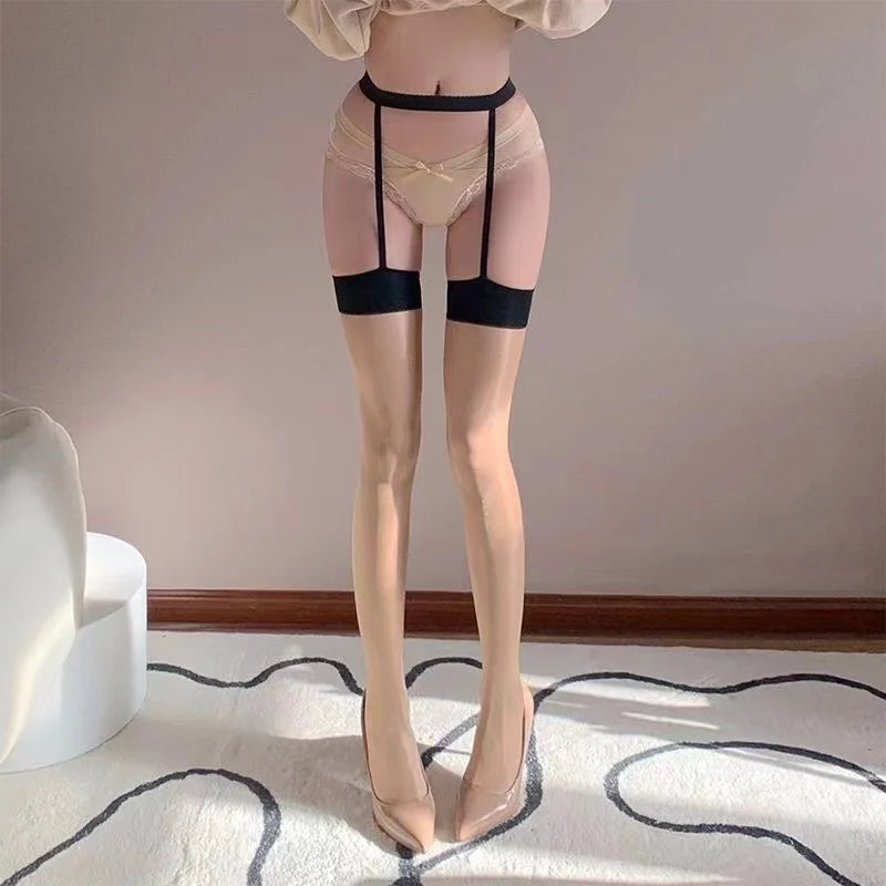 Black/Red Thigh-high Nylon Stockings with Garter Belt | Ultra-thin Transparent Tights for Cosplay