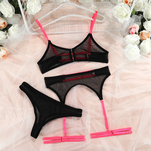 3-Piece Mesh Bra Set with Transparent Color Straps - 5 Colors Sexy Lingerie Set for Women
