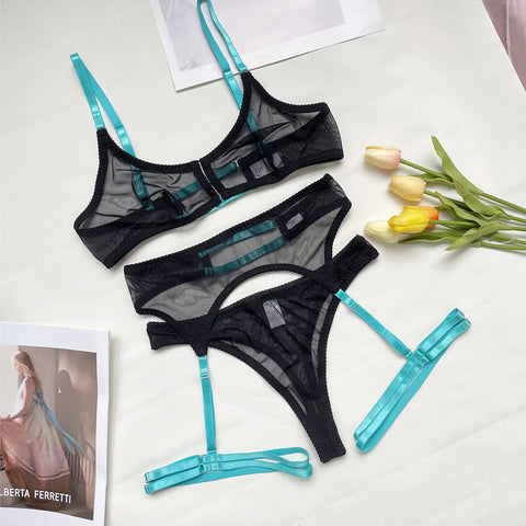 3-Piece Mesh Bra Set with Transparent Color Straps - 5 Colors Sexy Lingerie Set for Women