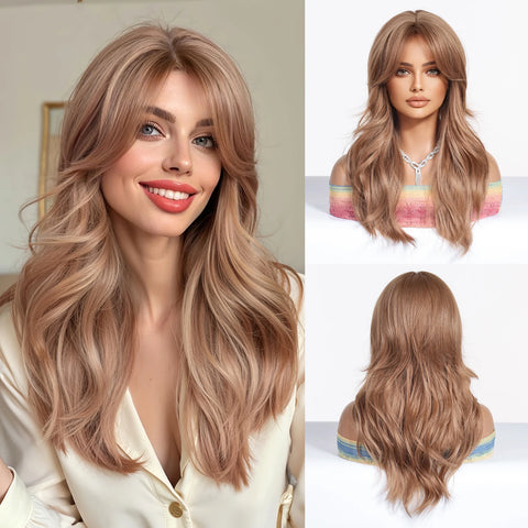 EASIHAIR Long Wavy Brown Synthetic Wig for Women with Side Bangs - Natural Look, Heat Resistant for Daily Wear