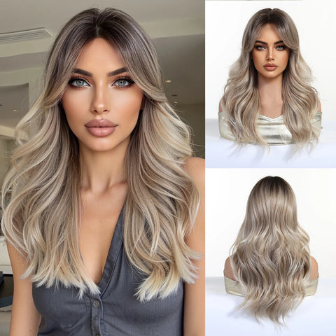 EASIHAIR Long Wavy Brown Synthetic Wigs for Women - Natural Curly Hair with Bangs for Daily Use and Cosplay