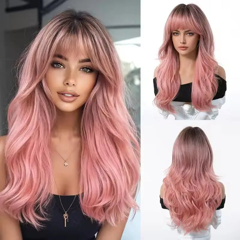 Light Pink Long Wavy Cosplay Synthetic Hair Wig with Bangs - Perfect for Halloween and Daily Wear