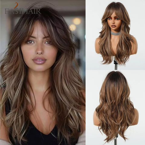 EASIHAIR Long Wavy Brown Synthetic Wig for Women with Side Bangs - Natural Look, Heat Resistant for Daily Wear