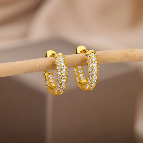 Fashion Zircon Circle Drop Earrings for Women - Gold Stainless Steel Dangle Jewelry Gift