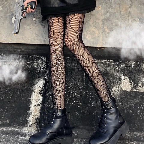 Black Spider Web Mesh Pantyhose for Women - Gothic Lace Fishnet Tights