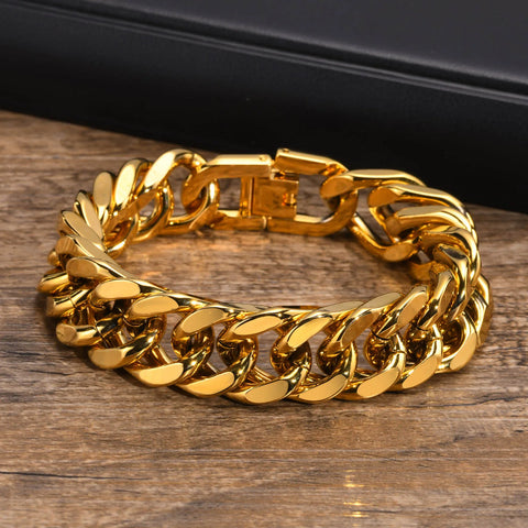 Gold Color Men's Cuban Chain Bracelet - Chunky Waterproof Stainless Steel Link Wristband