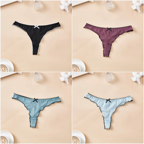 4-Piece Women's Cotton Solid Color Thong Set - Sexy & Comfortable Low-Waist Underwear