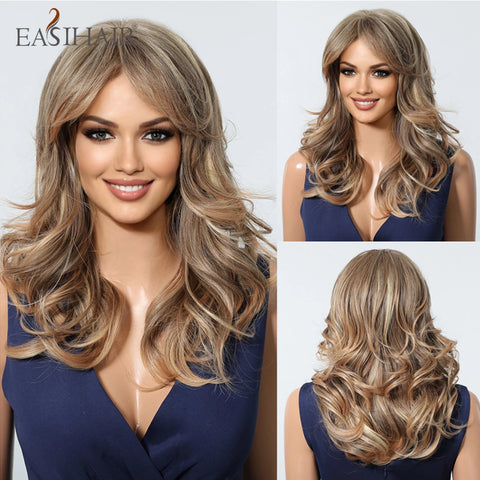 EASIHAIR Long Wavy Brown Synthetic Wig for Women with Side Bangs - Natural Look, Heat Resistant for Daily Wear
