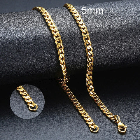 Stylish Punk Cuban Necklaces for Men and Women - Stainless Steel Miami Curb Collar in Silver, Black, and Gold