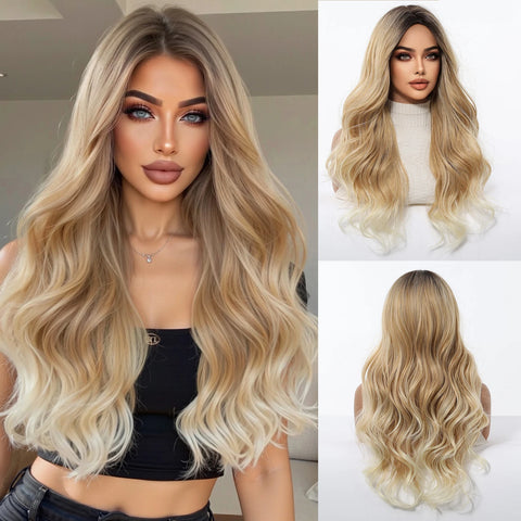 EASIHAIR Long Wavy Brown Synthetic Wigs for Women - Natural Curly Hair with Bangs for Daily Use and Cosplay