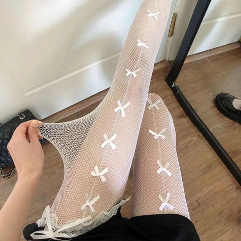 Goth Lolita Cosplay Tights for Girls - Retro Gothic Hollow Out Fishnet Pantyhose in Black & White