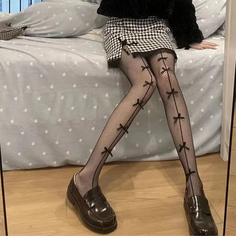 Goth Lolita Cosplay Tights for Girls - Retro Gothic Hollow Out Fishnet Pantyhose in Black & White