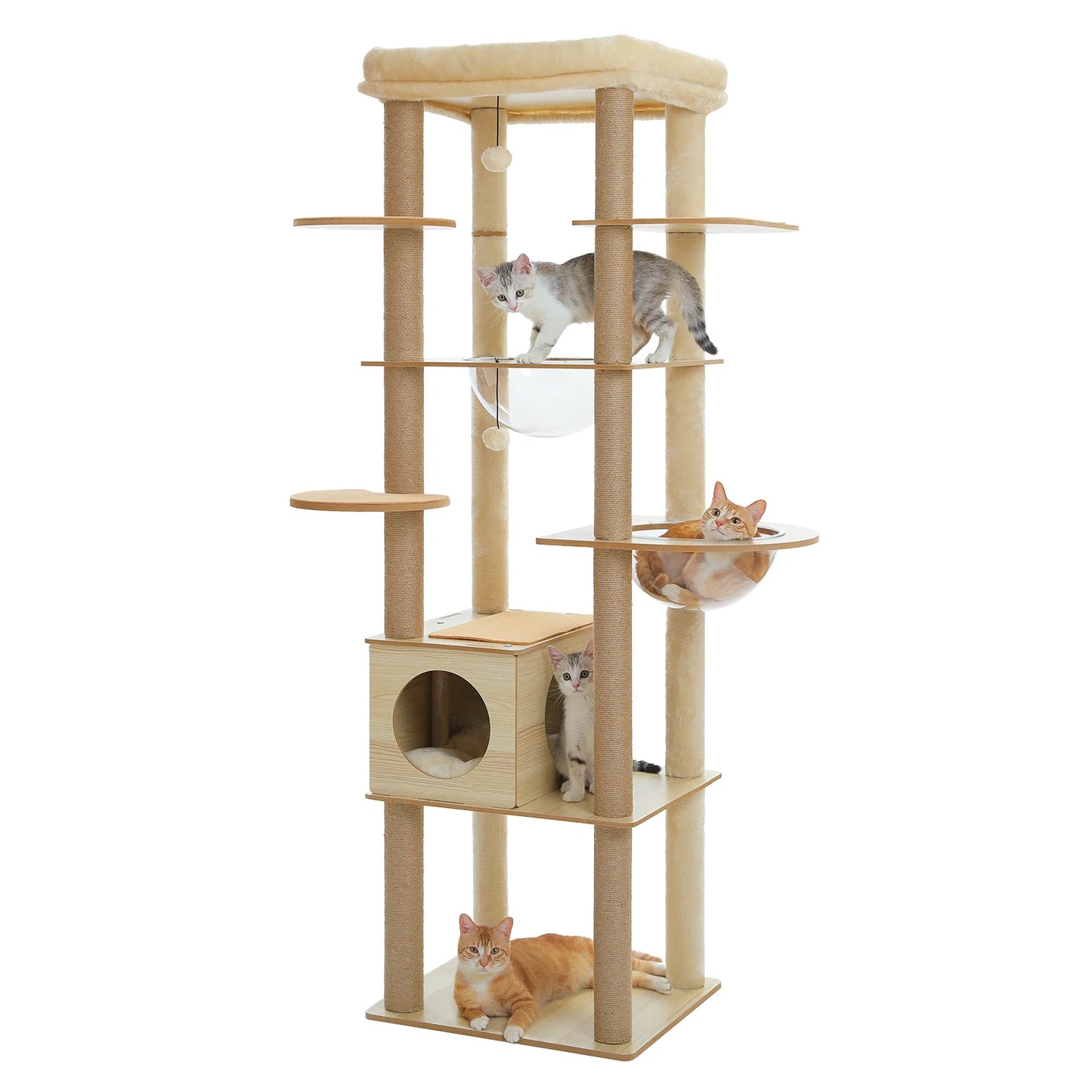 Multi-Level Cat Tree for Indoor Cats - Spacious Wood Tower with Scratching Posts, Hammock, and Perch