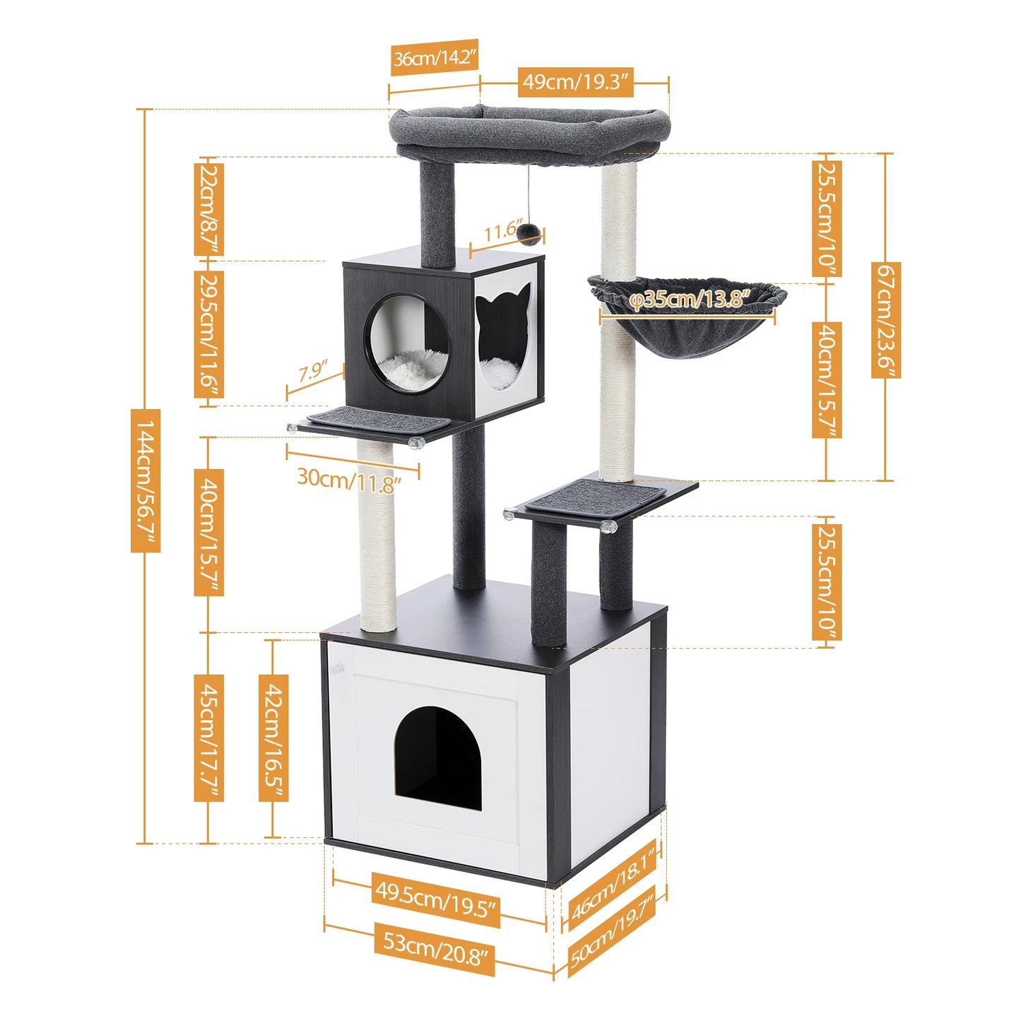 Multi-Level Cat Tree for Indoor Cats - Spacious Wood Tower with Scratching Posts, Hammock, and Perch