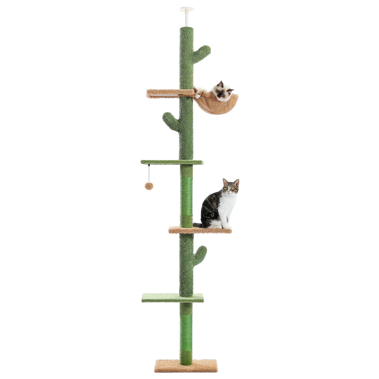 5-Tier Floor to Ceiling Cat Tree Cactus Tower with Scratching Post, Hammock & Dangling Ball