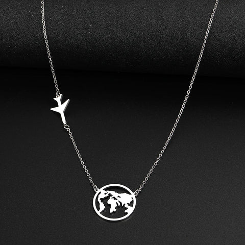 Stainless Steel Airplane Globe Map Necklace - Travel Themed Choker Pendant for Men & Women