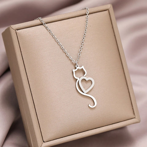 Trendy Heart Cat Pendant Stainless Steel Necklace - Cute Choker for Women
