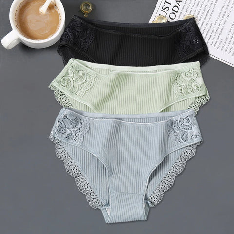 FINETOO 3Pcs Women Cotton Panties - Soft Lace Briefs