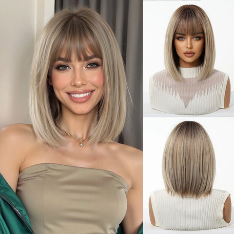 Light Brown Blonde Synthetic Wigs with Bangs - Short Bob for Daily Use, Cosplay, and Halloween | Heat Resistant