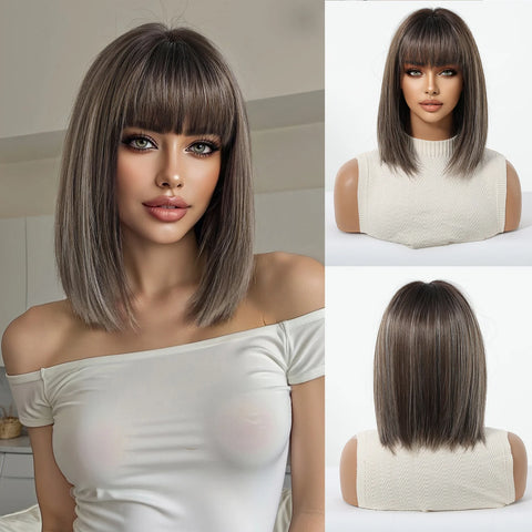 Light Brown Blonde Synthetic Wigs with Bangs - Short Bob for Daily Use, Cosplay, and Halloween | Heat Resistant