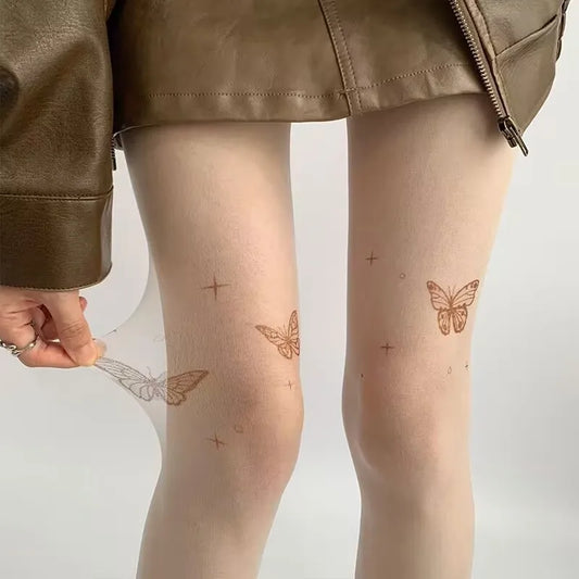Vintage Y2K Butterfly Tights - Black/Blue Nylon Pantyhose