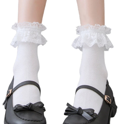 Women’s Lolita Fishnet Thigh High Socks - Japanese Style Heart Striped Lace Patterned Over Knee Long Stockings