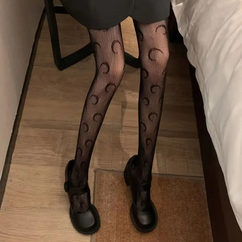 Goth Lolita Cosplay Tights for Girls - Retro Gothic Hollow Out Fishnet Pantyhose in Black & White